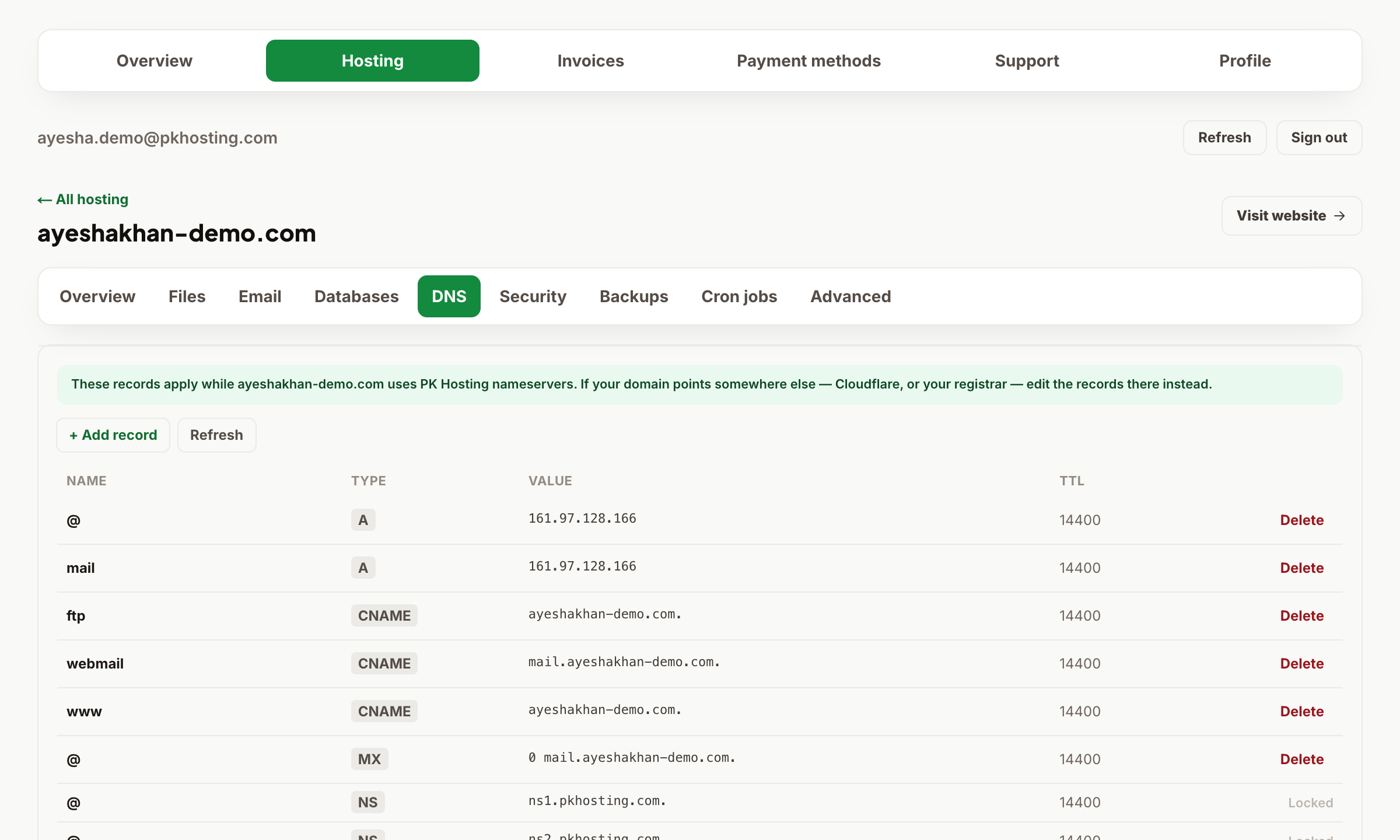 Manage A / CNAME / MX / TXT records from the DNS tab