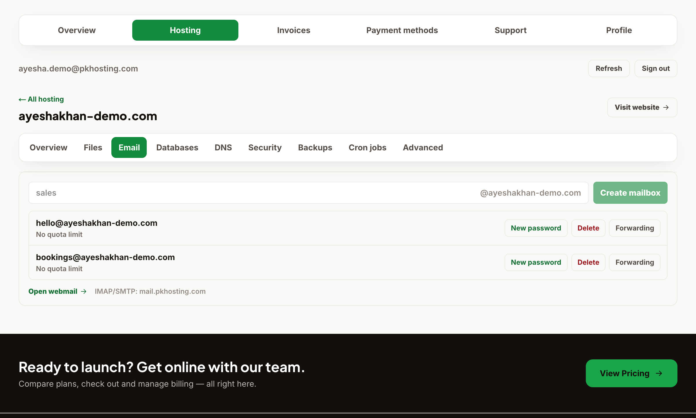 Create mailboxes and open webmail from the Email tab